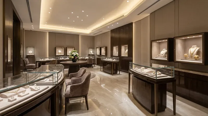 חנות תכשיטים יוקרתית עם תצוגת יהלומים וזהב